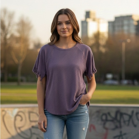 Chaser Tops - CHASER Wisteria Short Sleeve Waffle Knit Textured T Shjrt Purple Women’s Medium